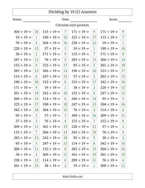 The Horizontally Arranged Dividing by 19 with Quotients 1 to 19 (100 Questions) (I) Math Worksheet Page 2