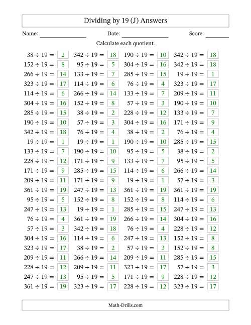The Horizontally Arranged Dividing by 19 with Quotients 1 to 19 (100 Questions) (J) Math Worksheet Page 2
