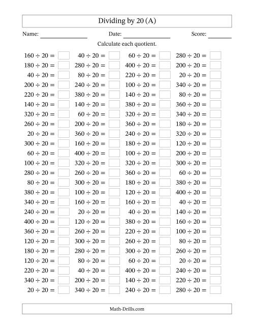 The Horizontally Arranged Dividing by 20 with Quotients 1 to 20 (100 Questions) (A) Math Worksheet
