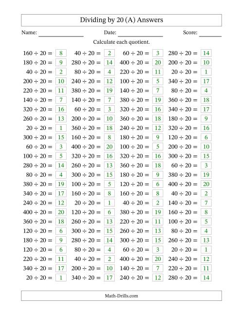 The Horizontally Arranged Dividing by 20 with Quotients 1 to 20 (100 Questions) (A) Math Worksheet Page 2