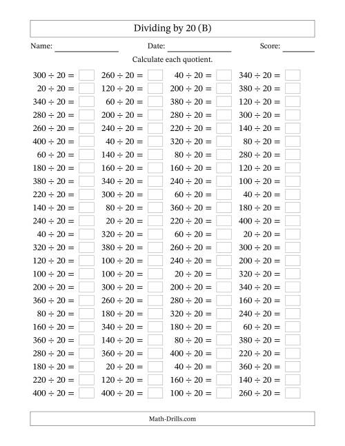 The Horizontally Arranged Dividing by 20 with Quotients 1 to 20 (100 Questions) (B) Math Worksheet