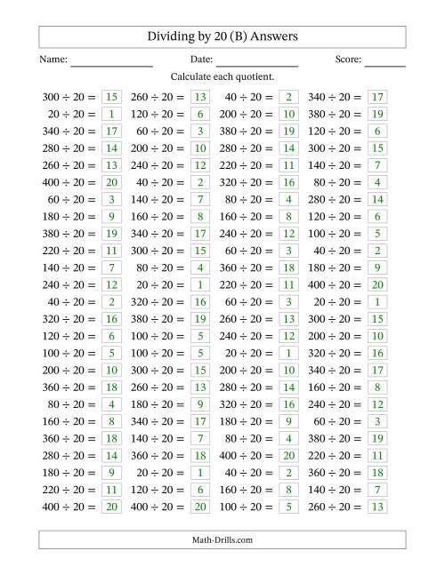The Horizontally Arranged Dividing by 20 with Quotients 1 to 20 (100 Questions) (B) Math Worksheet Page 2
