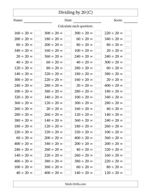 The Horizontally Arranged Dividing by 20 with Quotients 1 to 20 (100 Questions) (C) Math Worksheet