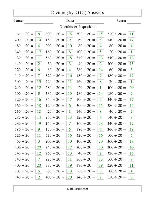 The Horizontally Arranged Dividing by 20 with Quotients 1 to 20 (100 Questions) (C) Math Worksheet Page 2