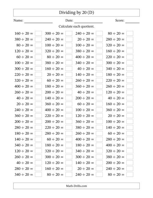 The Horizontally Arranged Dividing by 20 with Quotients 1 to 20 (100 Questions) (D) Math Worksheet