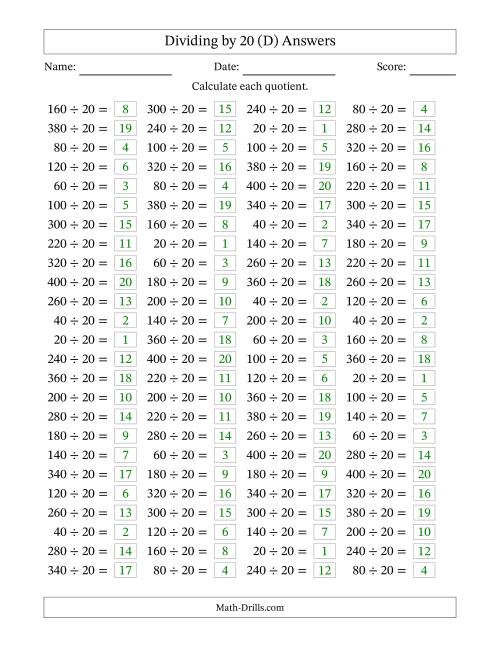 The Horizontally Arranged Dividing by 20 with Quotients 1 to 20 (100 Questions) (D) Math Worksheet Page 2