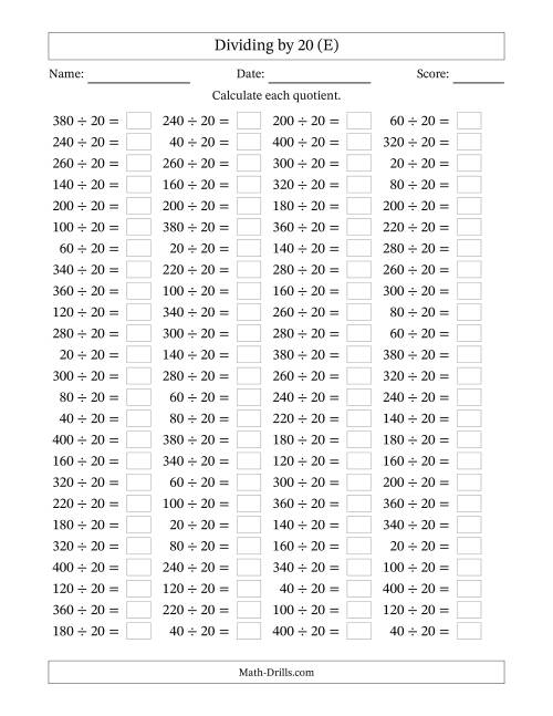 The Horizontally Arranged Dividing by 20 with Quotients 1 to 20 (100 Questions) (E) Math Worksheet
