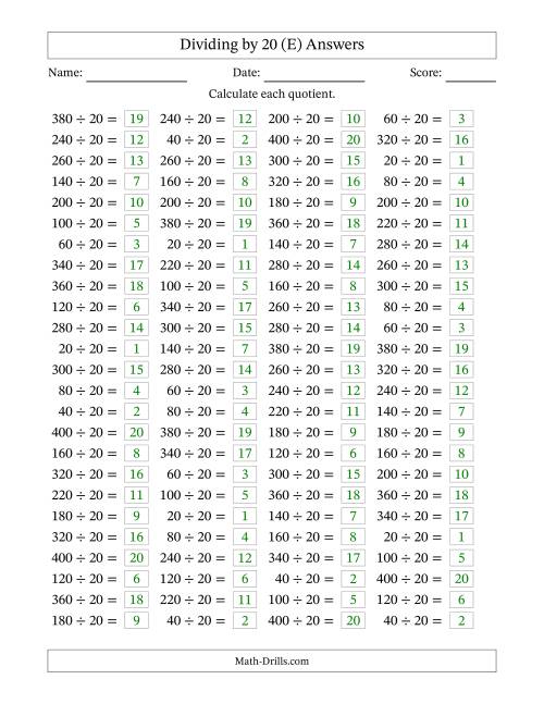 The Horizontally Arranged Dividing by 20 with Quotients 1 to 20 (100 Questions) (E) Math Worksheet Page 2