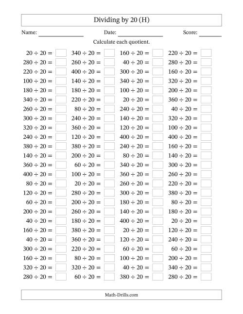 The Horizontally Arranged Dividing by 20 with Quotients 1 to 20 (100 Questions) (H) Math Worksheet