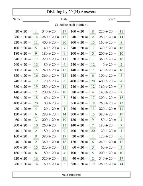 The Horizontally Arranged Dividing by 20 with Quotients 1 to 20 (100 Questions) (H) Math Worksheet Page 2