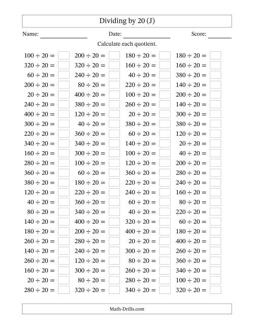 The Horizontally Arranged Dividing by 20 with Quotients 1 to 20 (100 Questions) (J) Math Worksheet