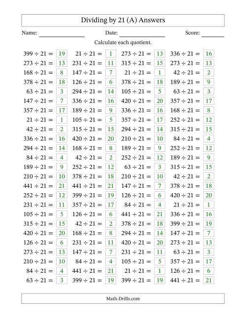 The Horizontally Arranged Dividing by 21 with Quotients 1 to 21 (100 Questions) (A) Math Worksheet Page 2