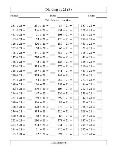 The Horizontally Arranged Dividing by 21 with Quotients 1 to 21 (100 Questions) (B) Math Worksheet