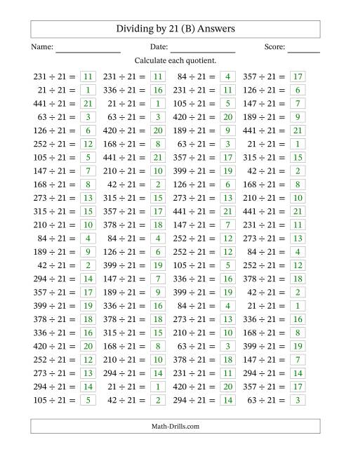 The Horizontally Arranged Dividing by 21 with Quotients 1 to 21 (100 Questions) (B) Math Worksheet Page 2