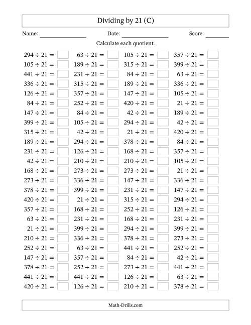 The Horizontally Arranged Dividing by 21 with Quotients 1 to 21 (100 Questions) (C) Math Worksheet