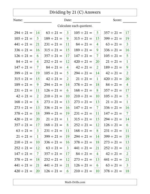 The Horizontally Arranged Dividing by 21 with Quotients 1 to 21 (100 Questions) (C) Math Worksheet Page 2