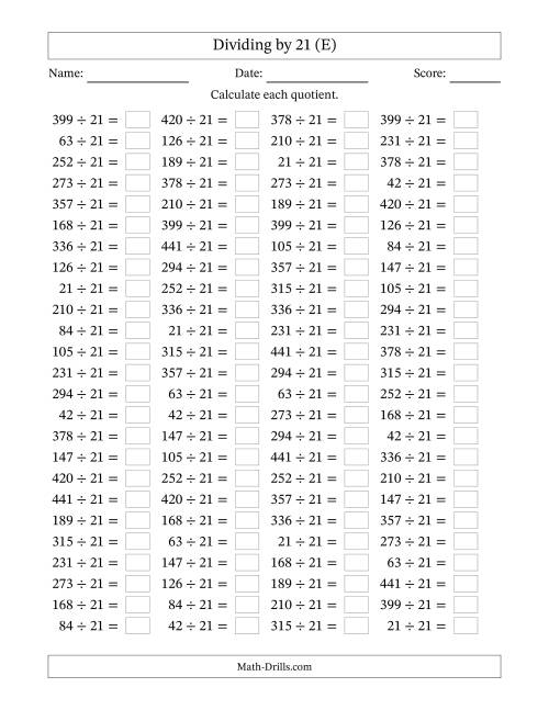 The Horizontally Arranged Dividing by 21 with Quotients 1 to 21 (100 Questions) (E) Math Worksheet