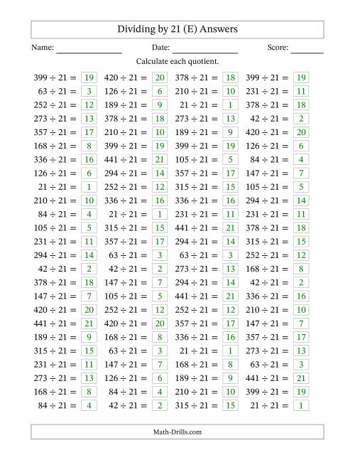 The Horizontally Arranged Dividing by 21 with Quotients 1 to 21 (100 Questions) (E) Math Worksheet Page 2