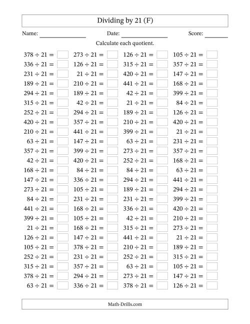 The Horizontally Arranged Dividing by 21 with Quotients 1 to 21 (100 Questions) (F) Math Worksheet
