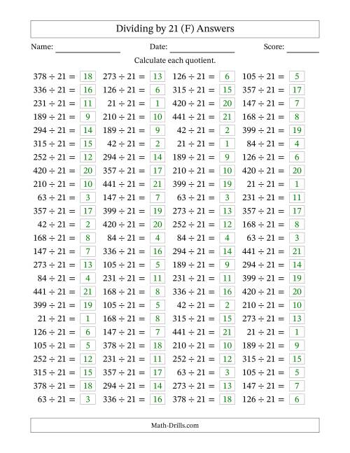 The Horizontally Arranged Dividing by 21 with Quotients 1 to 21 (100 Questions) (F) Math Worksheet Page 2