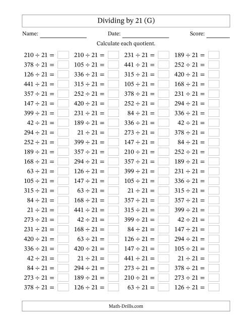 The Horizontally Arranged Dividing by 21 with Quotients 1 to 21 (100 Questions) (G) Math Worksheet