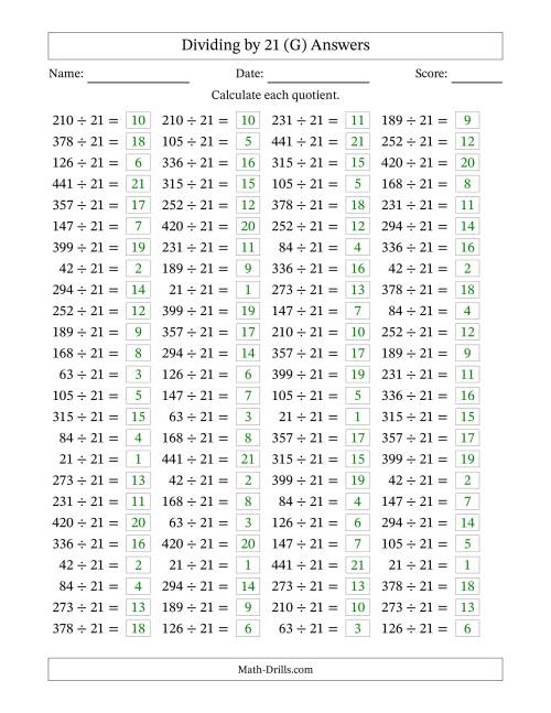 The Horizontally Arranged Dividing by 21 with Quotients 1 to 21 (100 Questions) (G) Math Worksheet Page 2