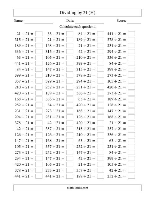 The Horizontally Arranged Dividing by 21 with Quotients 1 to 21 (100 Questions) (H) Math Worksheet