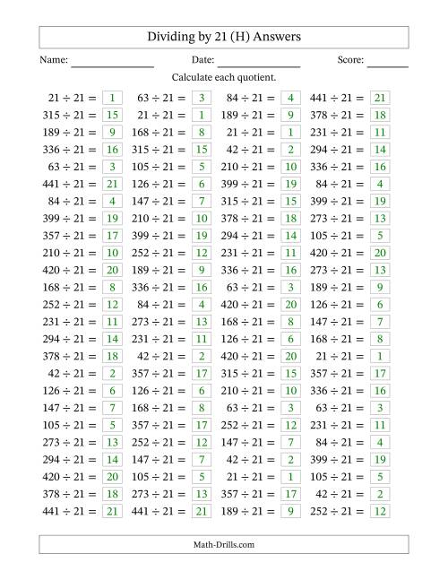 The Horizontally Arranged Dividing by 21 with Quotients 1 to 21 (100 Questions) (H) Math Worksheet Page 2