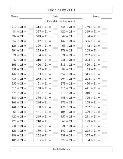 The Horizontally Arranged Dividing by 21 with Quotients 1 to 21 (100 Questions) (I) Math Worksheet