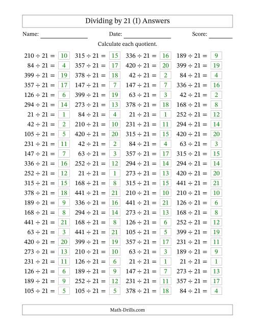 The Horizontally Arranged Dividing by 21 with Quotients 1 to 21 (100 Questions) (I) Math Worksheet Page 2