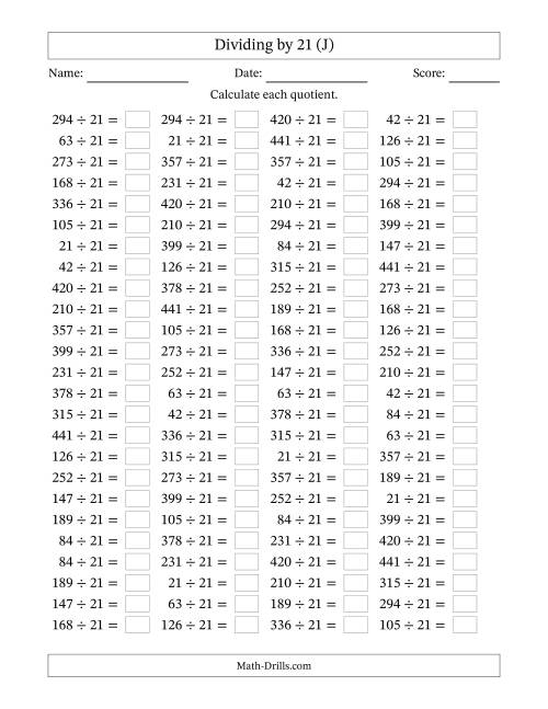 The Horizontally Arranged Dividing by 21 with Quotients 1 to 21 (100 Questions) (J) Math Worksheet