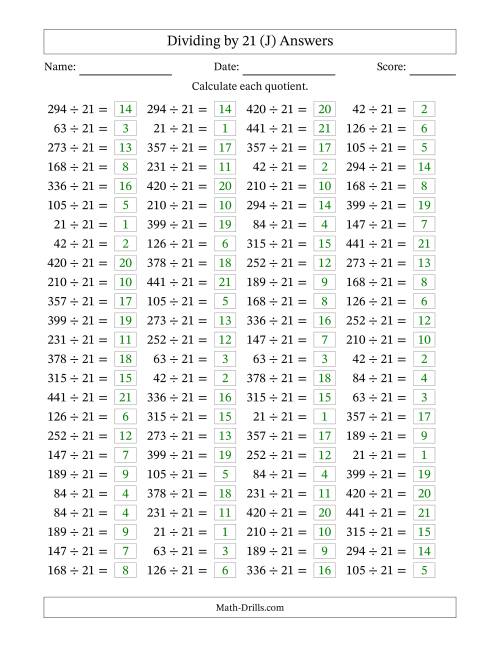 The Horizontally Arranged Dividing by 21 with Quotients 1 to 21 (100 Questions) (J) Math Worksheet Page 2