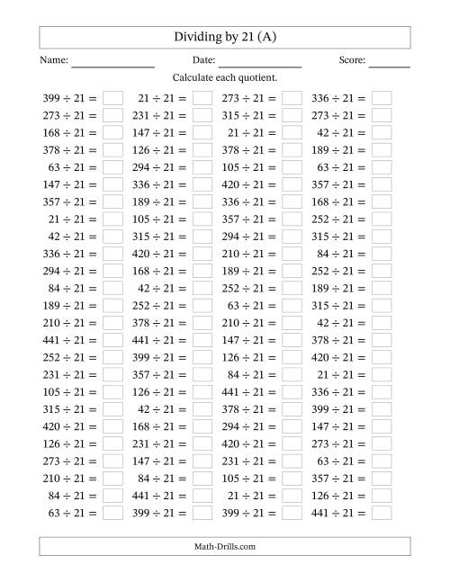 The Horizontally Arranged Dividing by 21 with Quotients 1 to 21 (100 Questions) (All) Math Worksheet