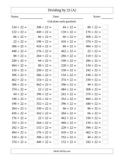 Horizontally Arranged Dividing by 22 with Quotients 1 to 22 (100 Questions)