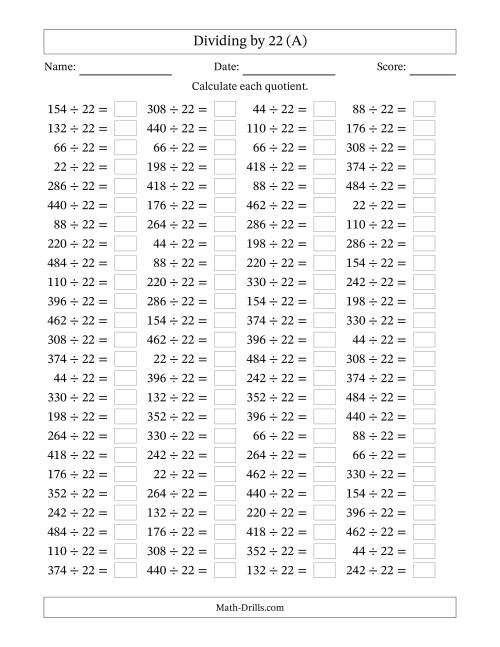 The Horizontally Arranged Dividing by 22 with Quotients 1 to 22 (100 Questions) (A) Math Worksheet