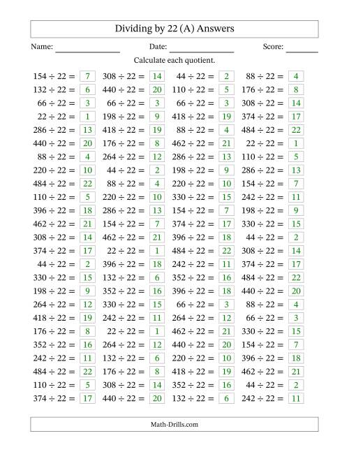 The Horizontally Arranged Dividing by 22 with Quotients 1 to 22 (100 Questions) (A) Math Worksheet Page 2