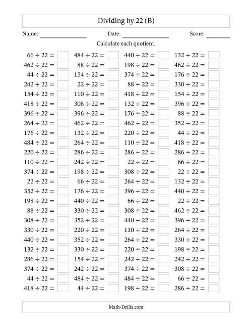 The Horizontally Arranged Dividing by 22 with Quotients 1 to 22 (100 Questions) (B) Math Worksheet