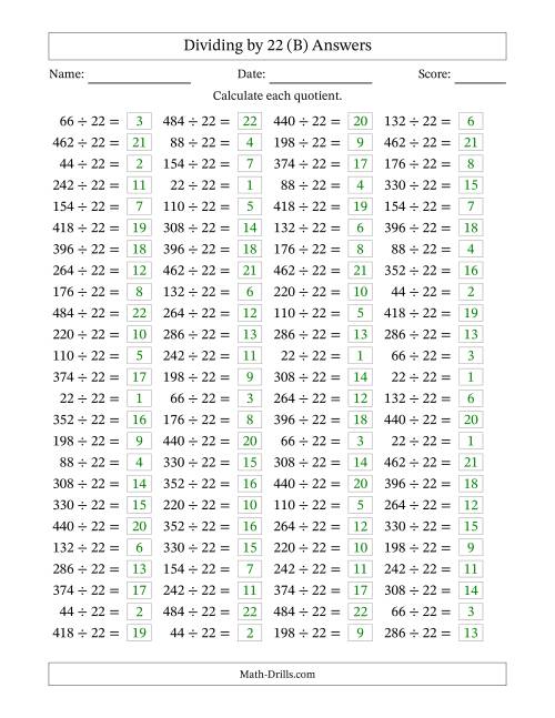 The Horizontally Arranged Dividing by 22 with Quotients 1 to 22 (100 Questions) (B) Math Worksheet Page 2
