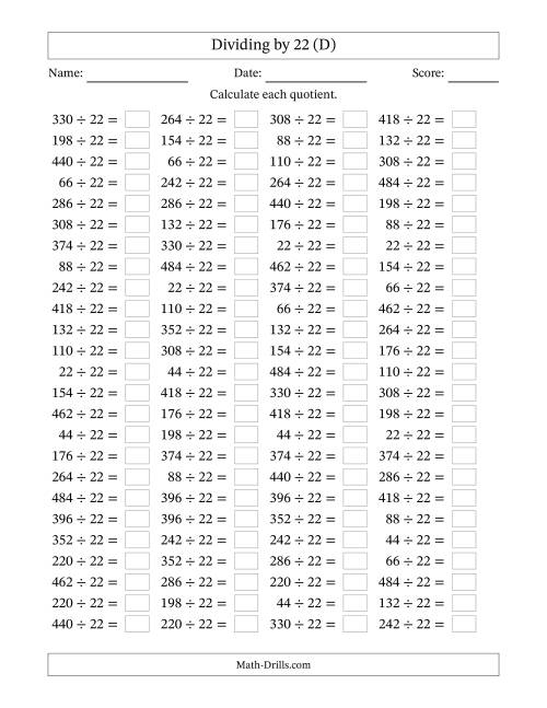 The Horizontally Arranged Dividing by 22 with Quotients 1 to 22 (100 Questions) (D) Math Worksheet