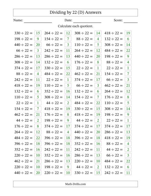 The Horizontally Arranged Dividing by 22 with Quotients 1 to 22 (100 Questions) (D) Math Worksheet Page 2