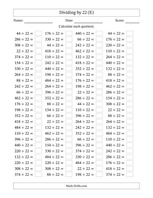 The Horizontally Arranged Dividing by 22 with Quotients 1 to 22 (100 Questions) (E) Math Worksheet