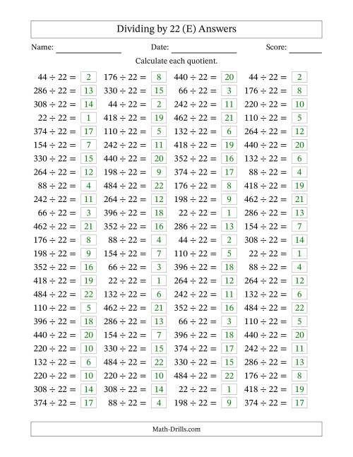 The Horizontally Arranged Dividing by 22 with Quotients 1 to 22 (100 Questions) (E) Math Worksheet Page 2