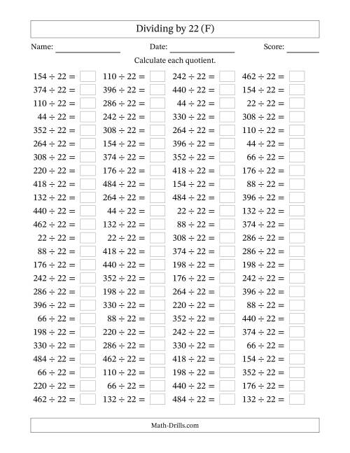 The Horizontally Arranged Dividing by 22 with Quotients 1 to 22 (100 Questions) (F) Math Worksheet