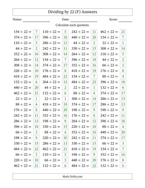 The Horizontally Arranged Dividing by 22 with Quotients 1 to 22 (100 Questions) (F) Math Worksheet Page 2