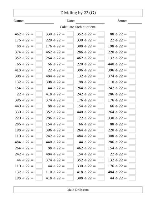 The Horizontally Arranged Dividing by 22 with Quotients 1 to 22 (100 Questions) (G) Math Worksheet