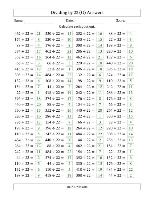 The Horizontally Arranged Dividing by 22 with Quotients 1 to 22 (100 Questions) (G) Math Worksheet Page 2