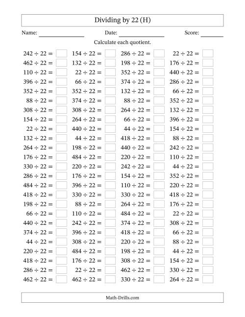 The Horizontally Arranged Dividing by 22 with Quotients 1 to 22 (100 Questions) (H) Math Worksheet