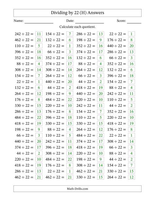 The Horizontally Arranged Dividing by 22 with Quotients 1 to 22 (100 Questions) (H) Math Worksheet Page 2