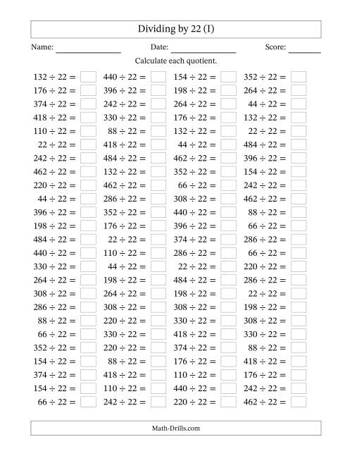 The Horizontally Arranged Dividing by 22 with Quotients 1 to 22 (100 Questions) (I) Math Worksheet