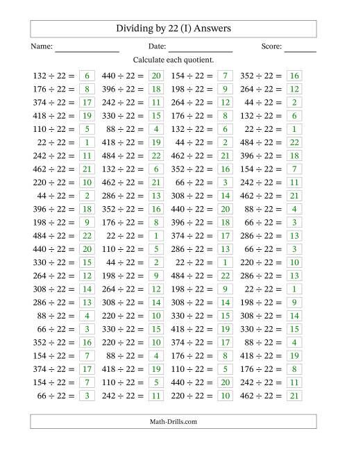 The Horizontally Arranged Dividing by 22 with Quotients 1 to 22 (100 Questions) (I) Math Worksheet Page 2